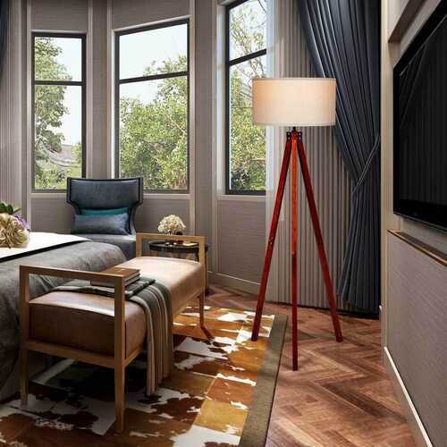 Modern Wood Tripod Floor Lamp with Foot Switch