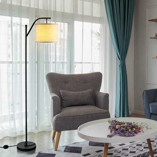 Standing Arc Modern Floor Lamp W/ Fabric Hanging Lamp