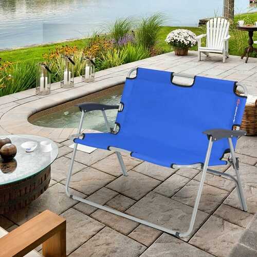 2 Person Folding Camping Bench Portable Double Chair-Blue