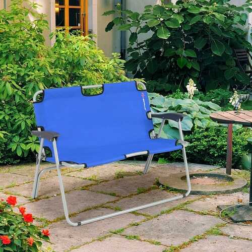 2 Person Folding Camping Bench Portable Double Chair-Blue