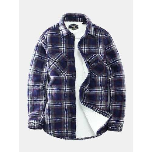 Mens Plaid Fleece Long Sleeve Shirts